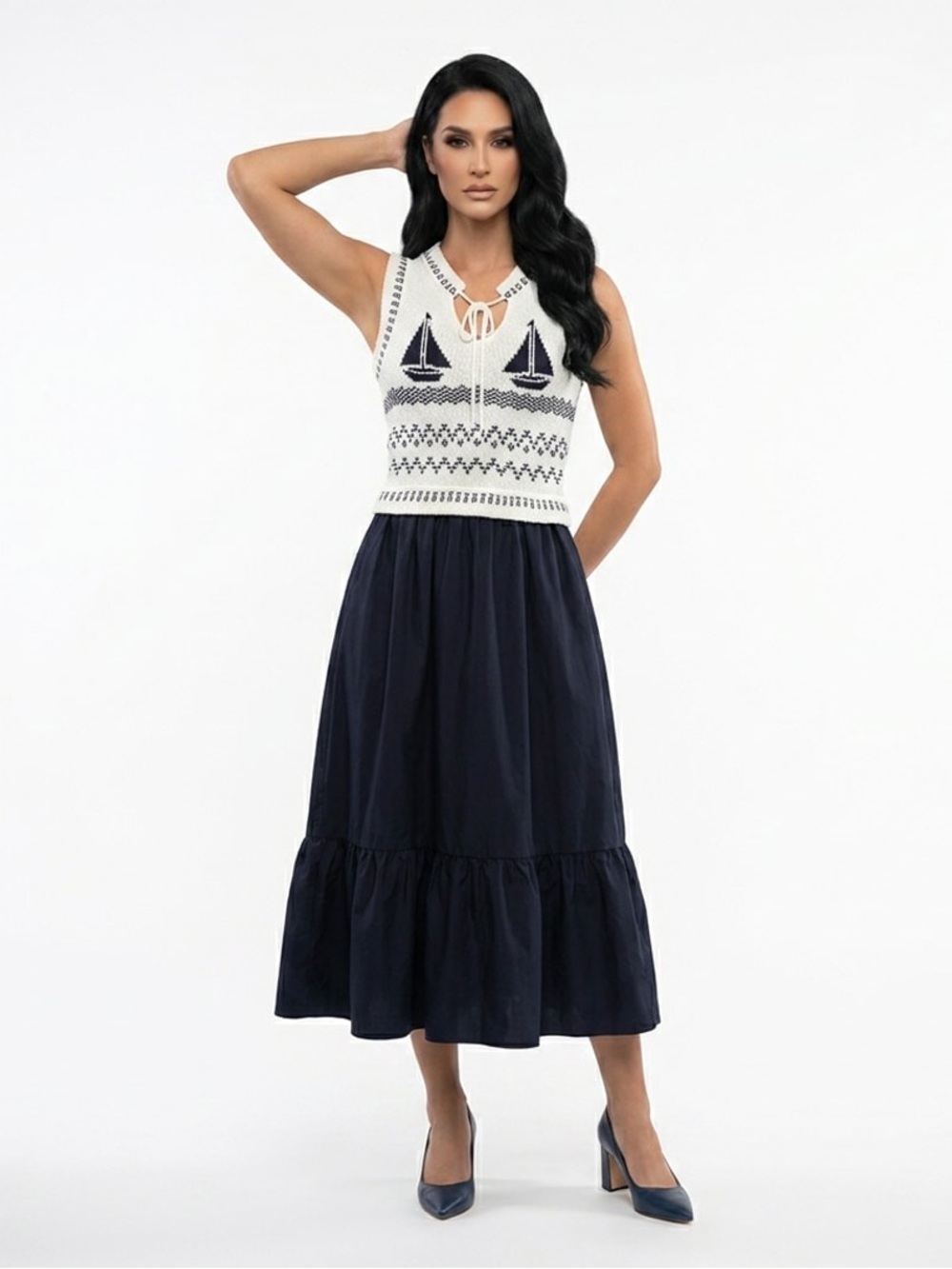 NWT Tuckernuck Moon River Sailboat Knit Bodice Tiered Navy Midi Dress   Sz M